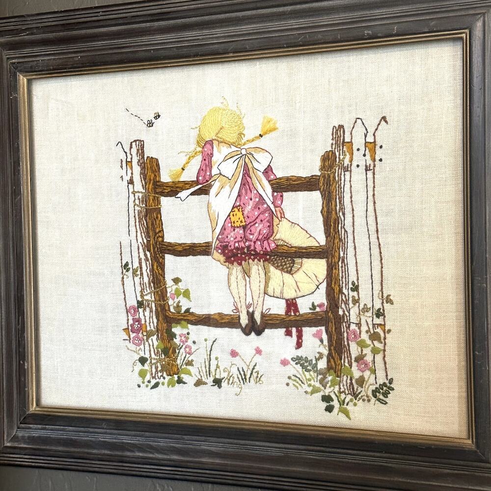 Holly Hobbie Garden Gate Embroidered Needle Point Vintage Framed Art